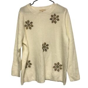Retrology Womens 1X Ivory Beaded Snowflake Knit Sweater Long Sleeve Crew Neck